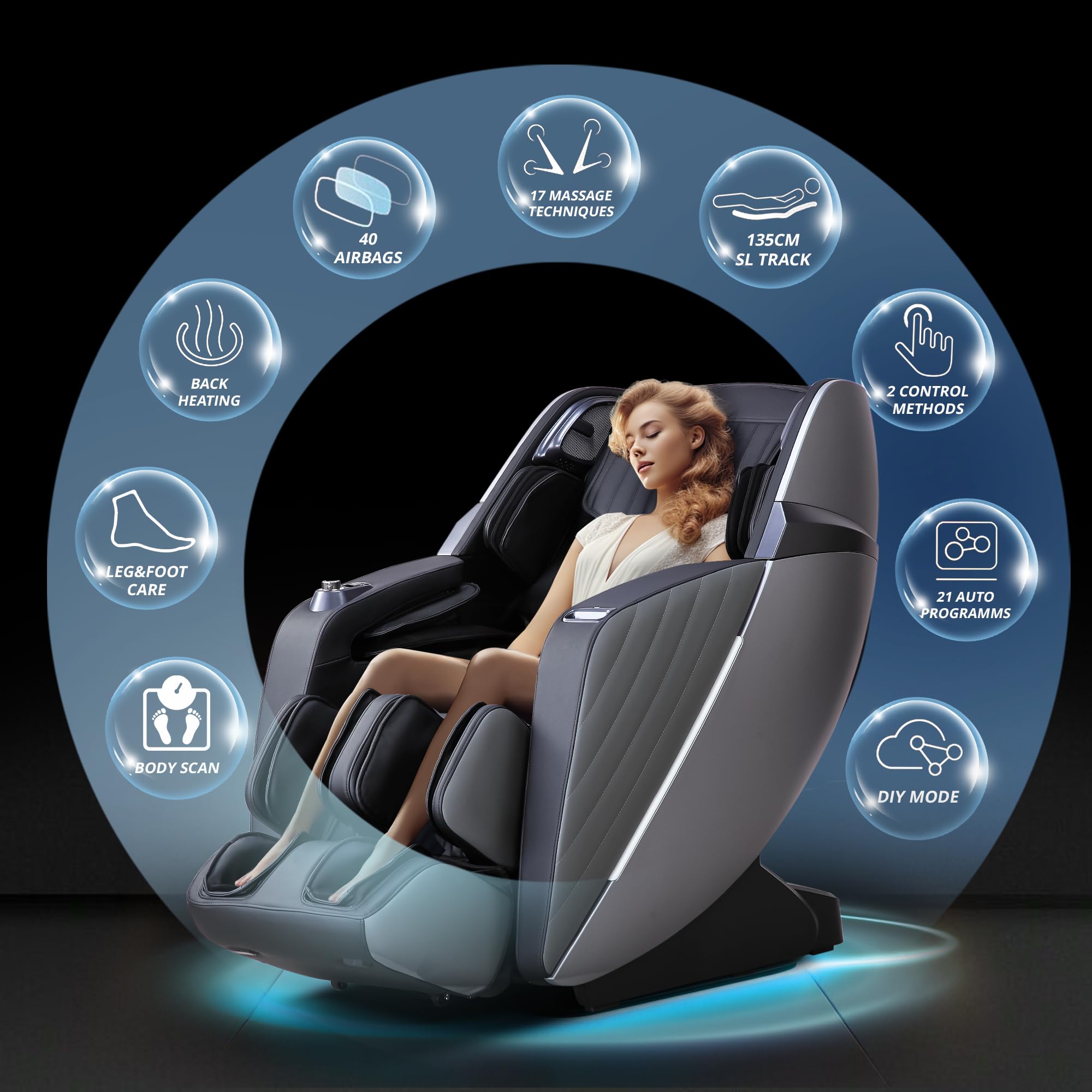 HealthRelife Business Class Massage Chair, Full Body Massage with Body Scan, Shiatsu, Automatic Calf Support Extension and Calf Kneading Massage (Black-Gray)